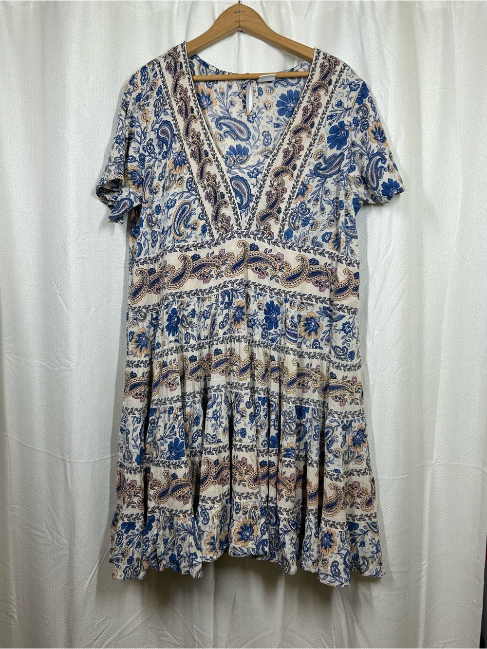 Bila Blue Floral Paisley Tiered Mini Dress Size XL V-neck Boho Short Sleeve